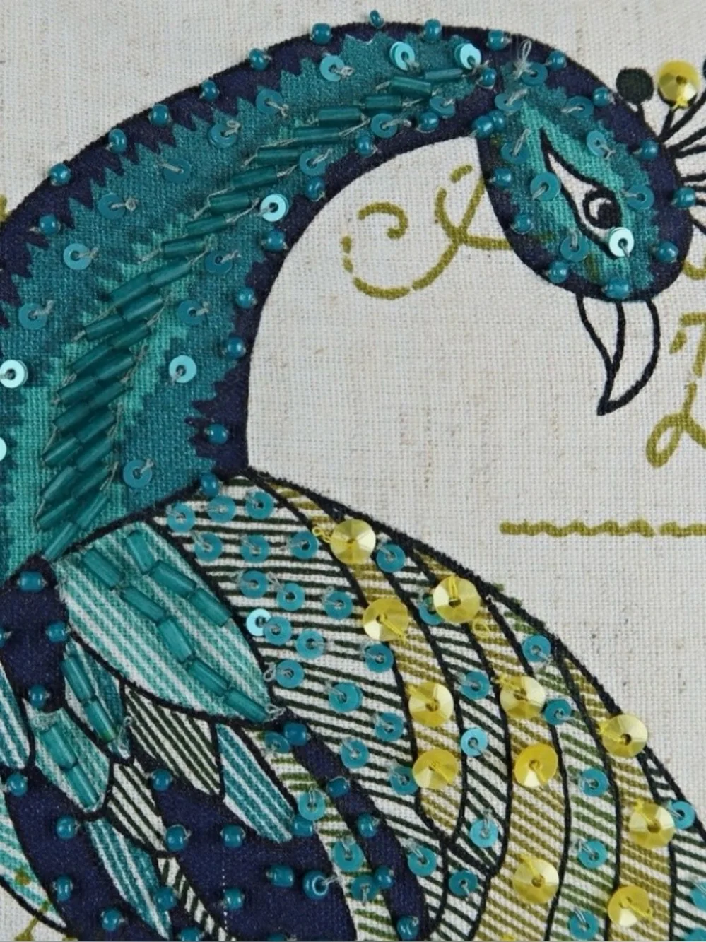 NWOT Pier1 Blue and Beige Peacock Beaded Accent Pillow 18 X 18 inches